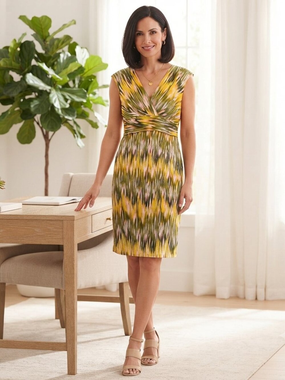 Ikat Print Donna Ricco Cotton Blend Yellow Green Sheath Dress 14